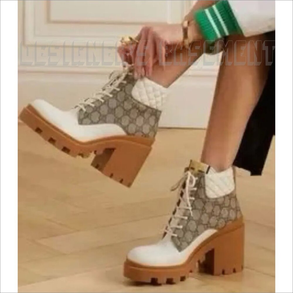 GUCCI 40 beige GG canvas quilted Leather TRIP logo platform Combat ankle Booties - Picture 14 of 14